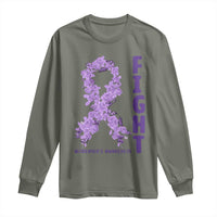 Fight Alzheimers Awareness Support Long Sleeve Shirt Purple Ribbon Floral Butterfly
