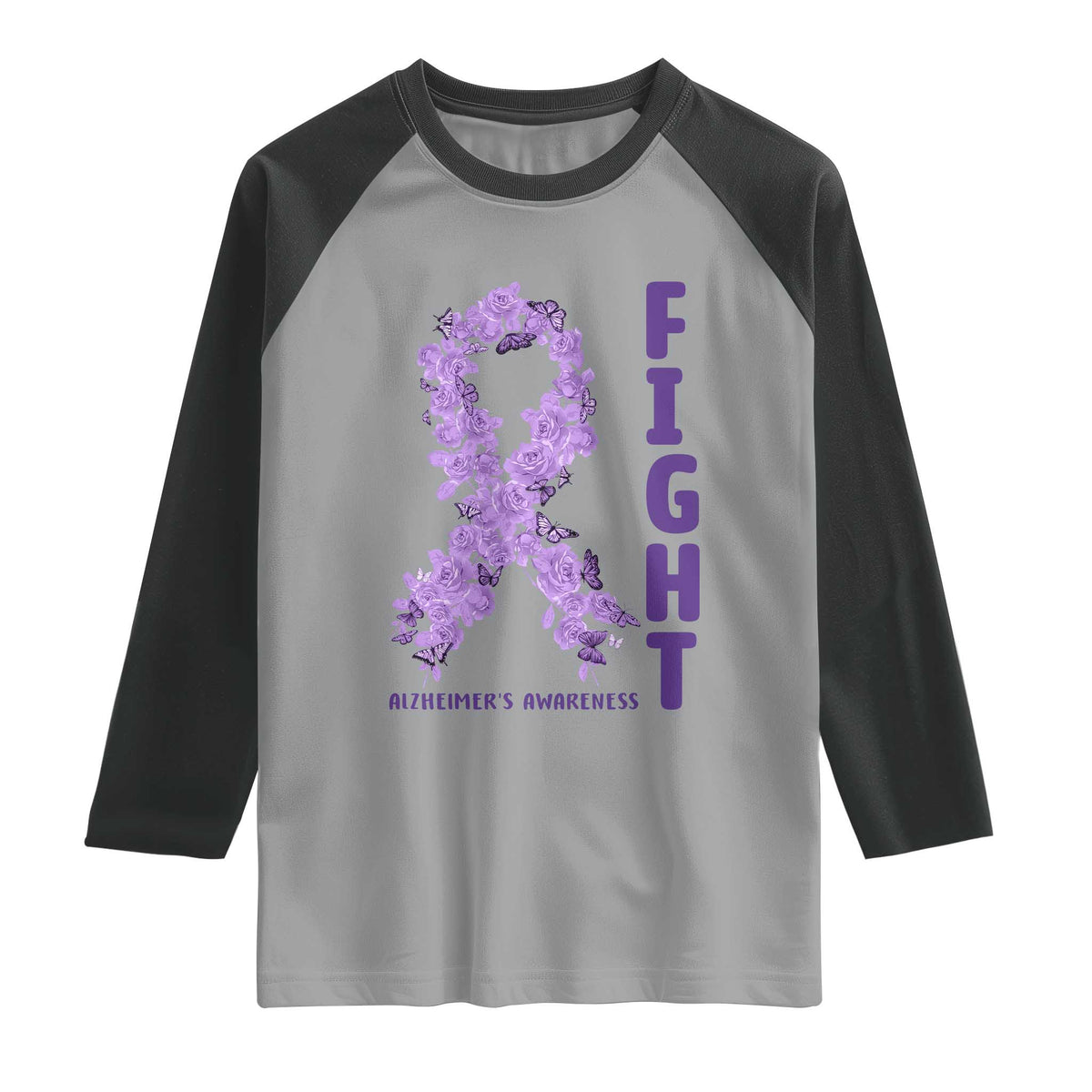 Fight Alzheimers Awareness Support Raglan Shirt Purple Ribbon Floral Butterfly