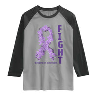Fight Alzheimers Awareness Support Raglan Shirt Purple Ribbon Floral Butterfly