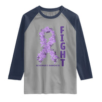 Fight Alzheimers Awareness Support Raglan Shirt Purple Ribbon Floral Butterfly
