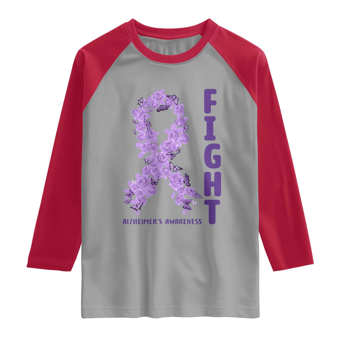 Fight Alzheimers Awareness Support Raglan Shirt Purple Ribbon Floral Butterfly