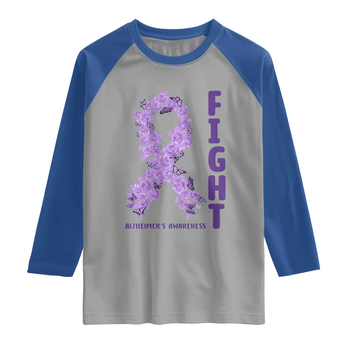 Fight Alzheimers Awareness Support Raglan Shirt Purple Ribbon Floral Butterfly