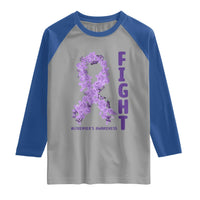 Fight Alzheimers Awareness Support Raglan Shirt Purple Ribbon Floral Butterfly