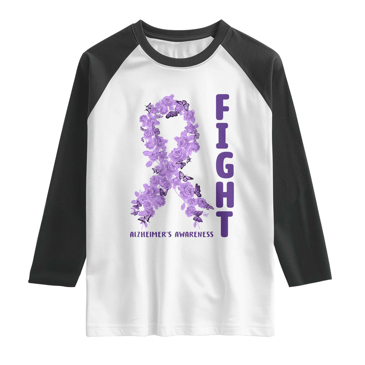 Fight Alzheimers Awareness Support Raglan Shirt Purple Ribbon Floral Butterfly