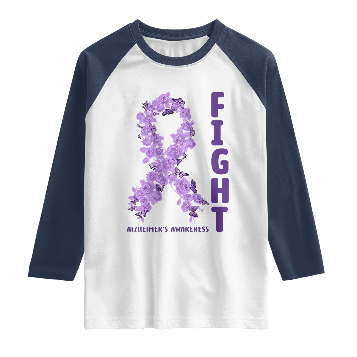 Fight Alzheimers Awareness Support Raglan Shirt Purple Ribbon Floral Butterfly