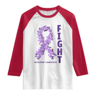 Fight Alzheimers Awareness Support Raglan Shirt Purple Ribbon Floral Butterfly