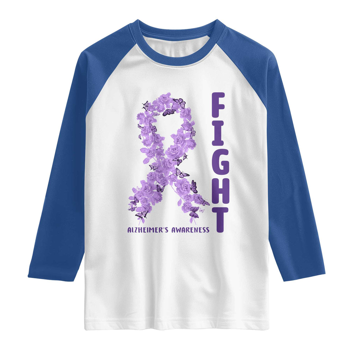 Fight Alzheimers Awareness Support Raglan Shirt Purple Ribbon Floral Butterfly
