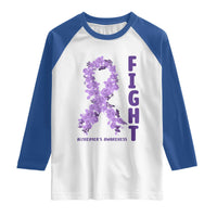 Fight Alzheimers Awareness Support Raglan Shirt Purple Ribbon Floral Butterfly
