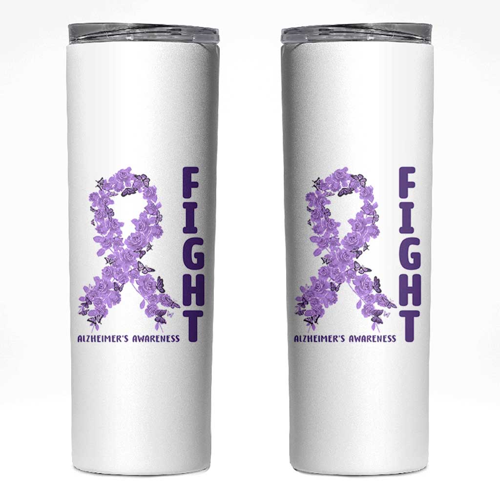 Fight Alzheimers Awareness Support Skinny Tumbler Purple Ribbon Floral Butterfly