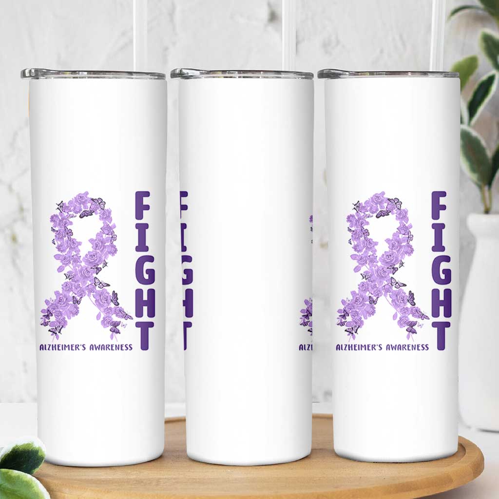 Fight Alzheimers Awareness Support Skinny Tumbler Purple Ribbon Floral Butterfly
