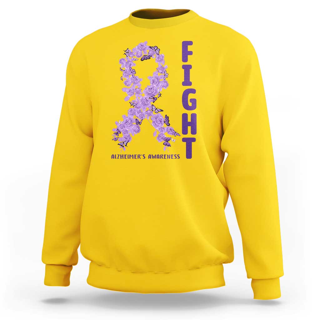 Fight Alzheimers Awareness Support Sweatshirt Purple Ribbon Floral Butterfly