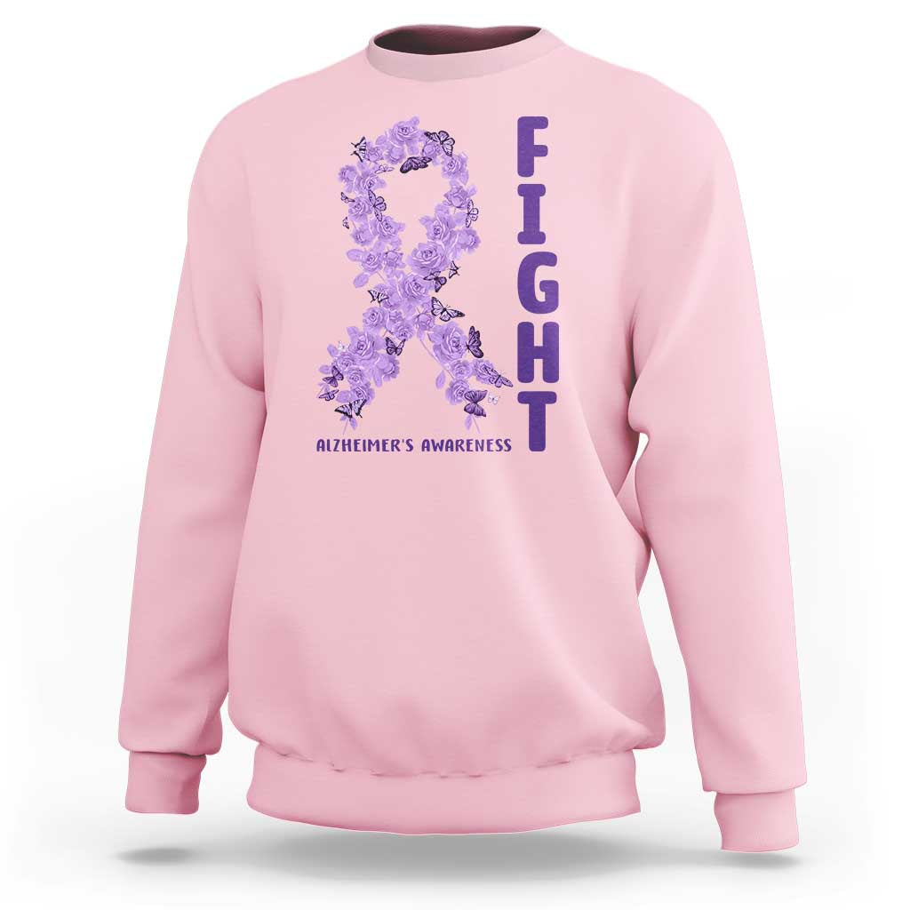 Fight Alzheimers Awareness Support Sweatshirt Purple Ribbon Floral Butterfly