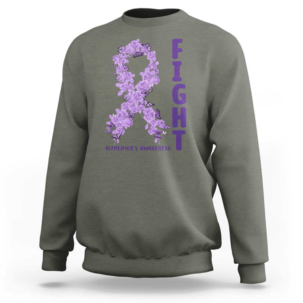 Fight Alzheimers Awareness Support Sweatshirt Purple Ribbon Floral Butterfly