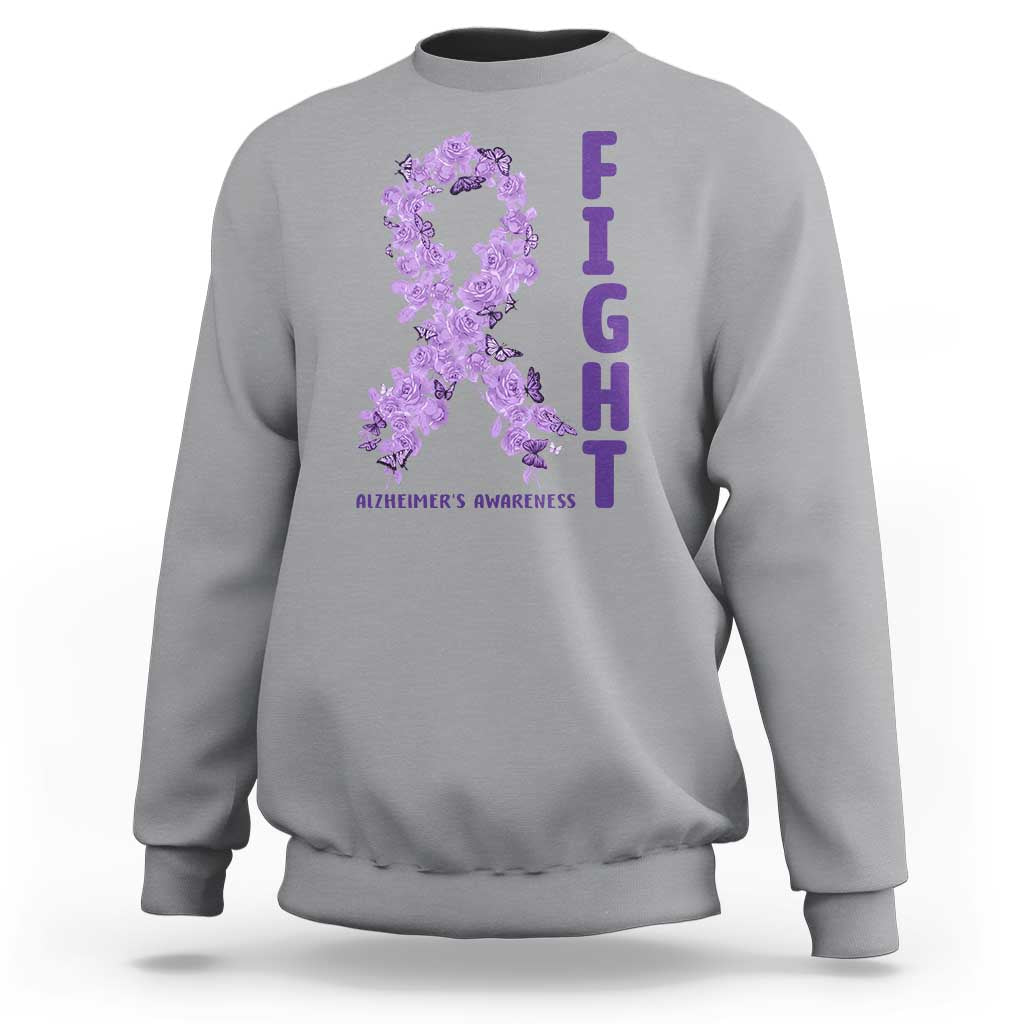Fight Alzheimers Awareness Support Sweatshirt Purple Ribbon Floral Butterfly