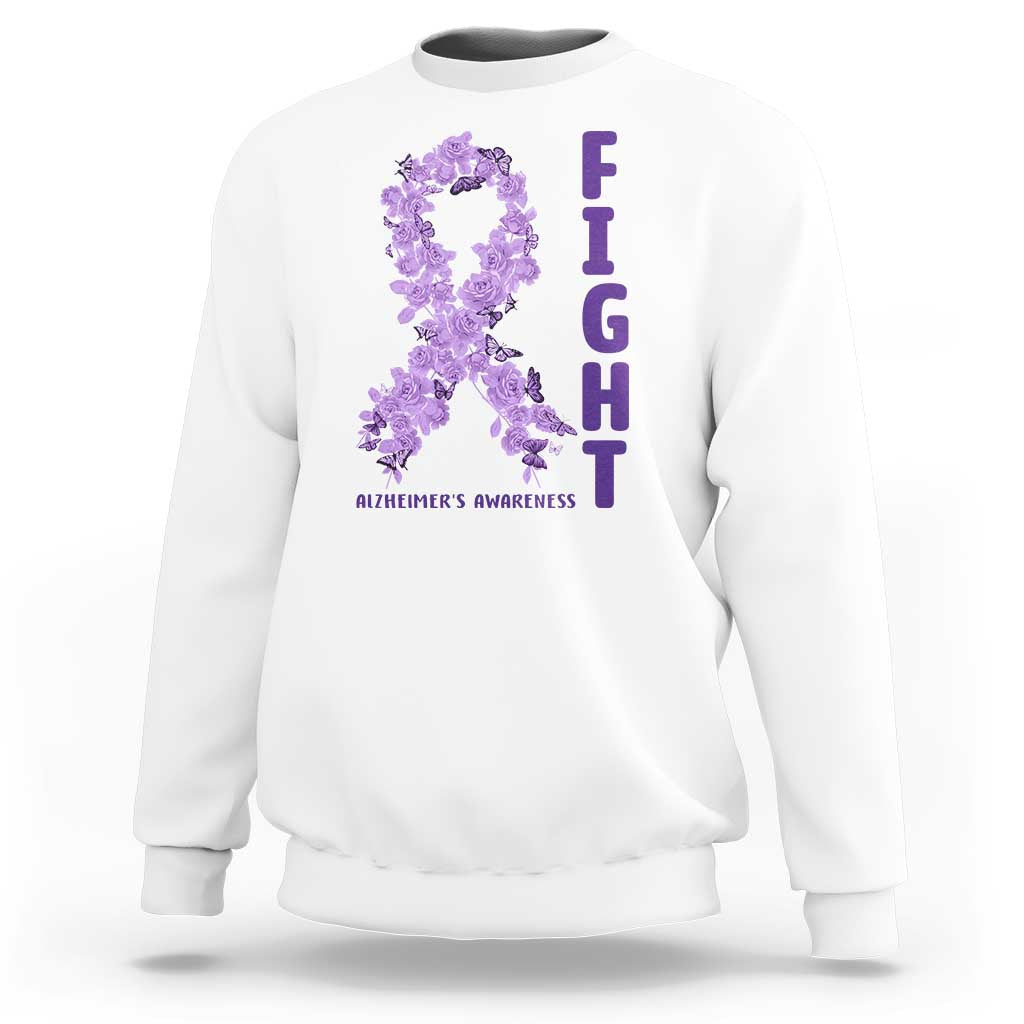 Fight Alzheimers Awareness Support Sweatshirt Purple Ribbon Floral Butterfly