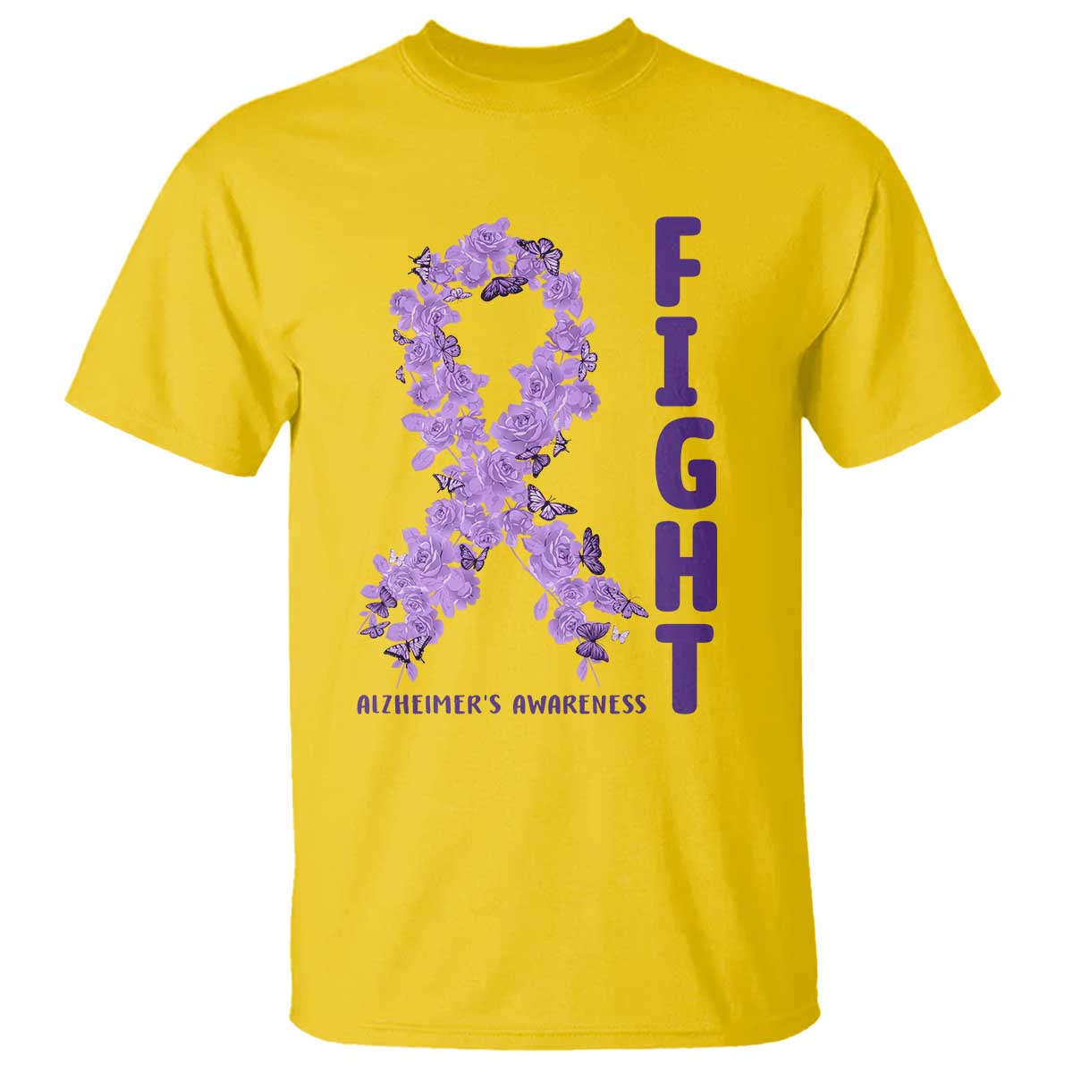 Fight Alzheimers Awareness Support T Shirt Purple Ribbon Floral Butterfly