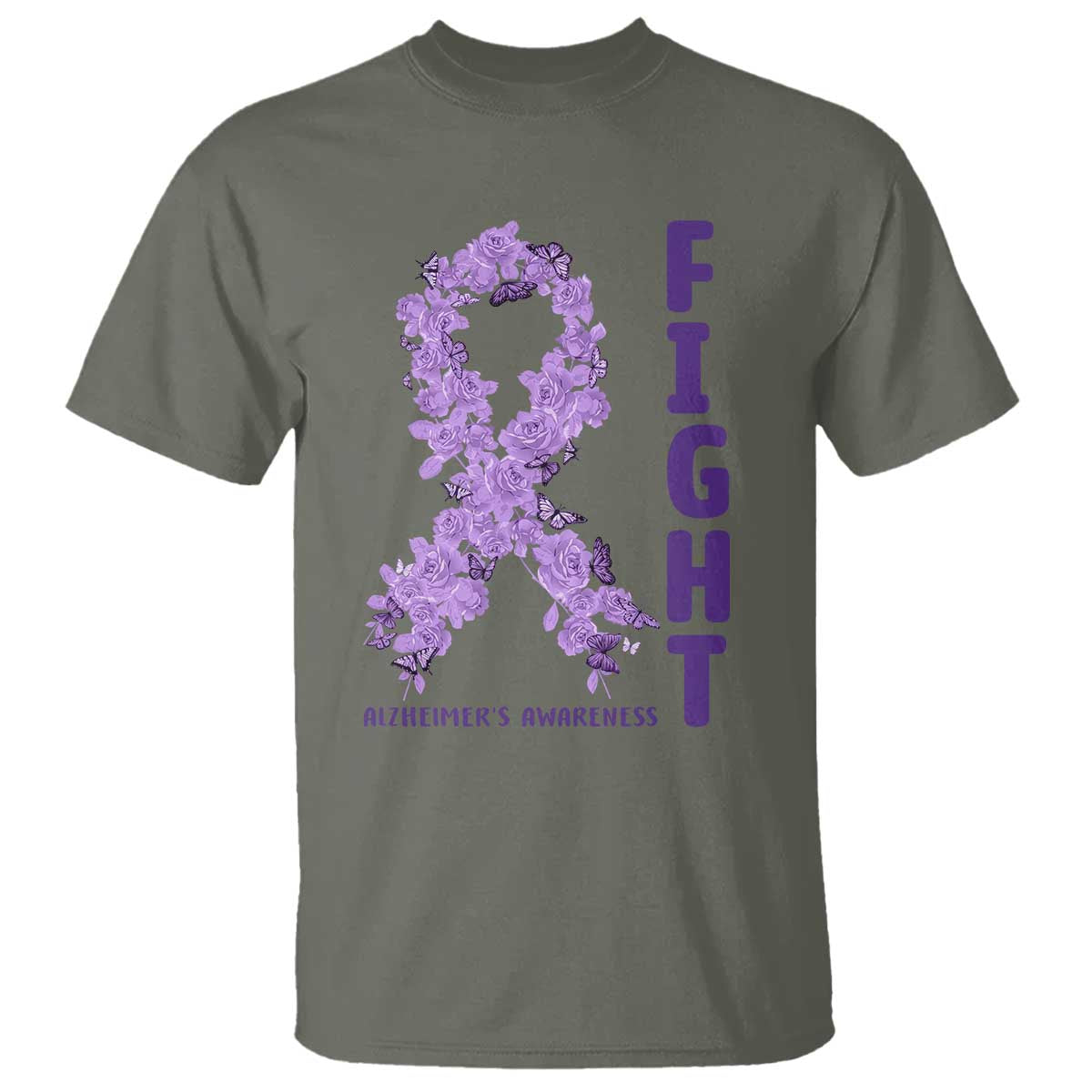 Fight Alzheimers Awareness Support T Shirt Purple Ribbon Floral Butterfly