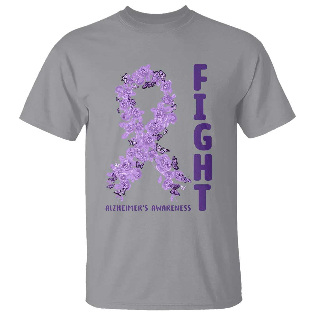 Fight Alzheimers Awareness Support T Shirt Purple Ribbon Floral Butterfly