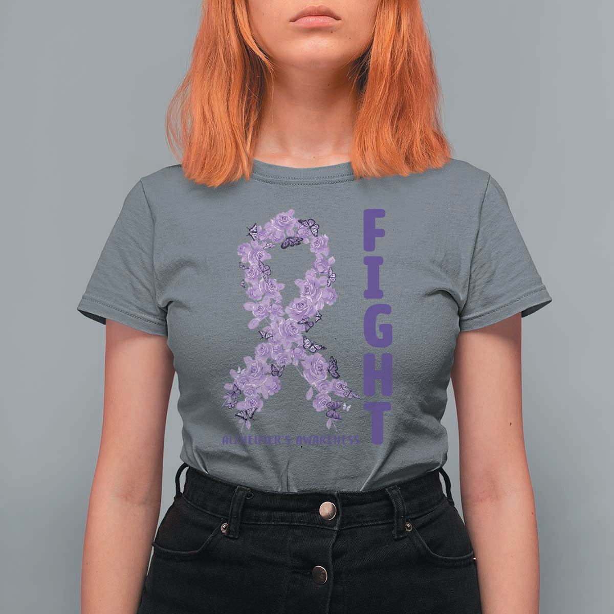 Fight Alzheimers Awareness Support T Shirt For Women Purple Ribbon Floral Butterfly