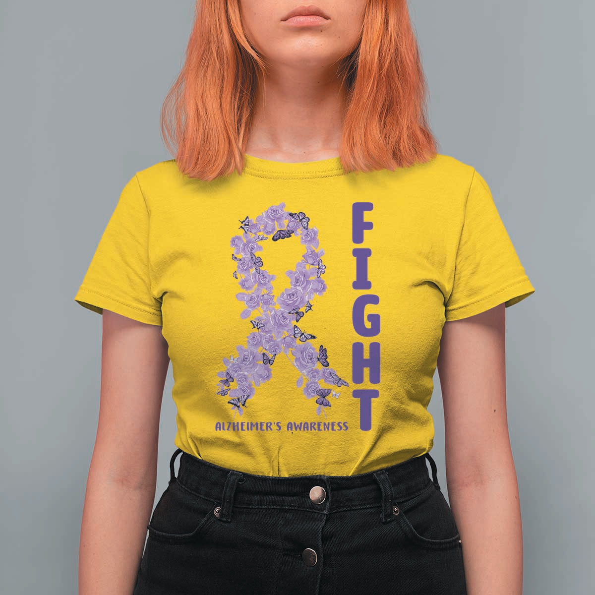 Fight Alzheimers Awareness Support T Shirt For Women Purple Ribbon Floral Butterfly