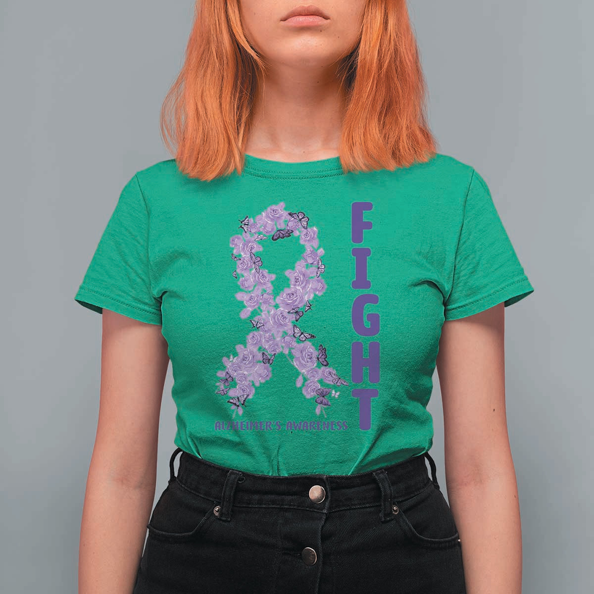 Fight Alzheimers Awareness Support T Shirt For Women Purple Ribbon Floral Butterfly