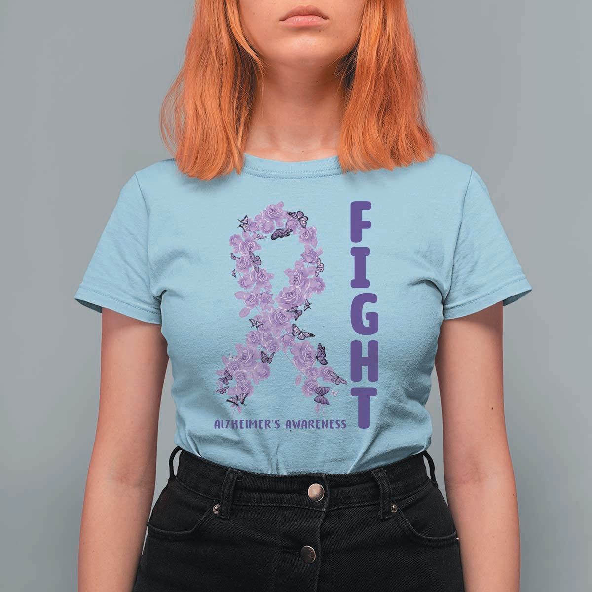 Fight Alzheimers Awareness Support T Shirt For Women Purple Ribbon Floral Butterfly
