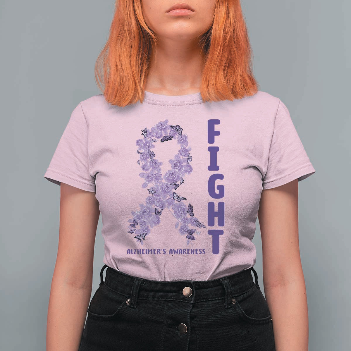 Fight Alzheimers Awareness Support T Shirt For Women Purple Ribbon Floral Butterfly