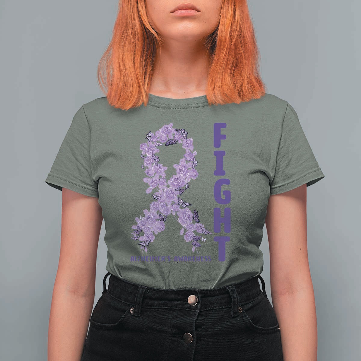 Fight Alzheimers Awareness Support T Shirt For Women Purple Ribbon Floral Butterfly
