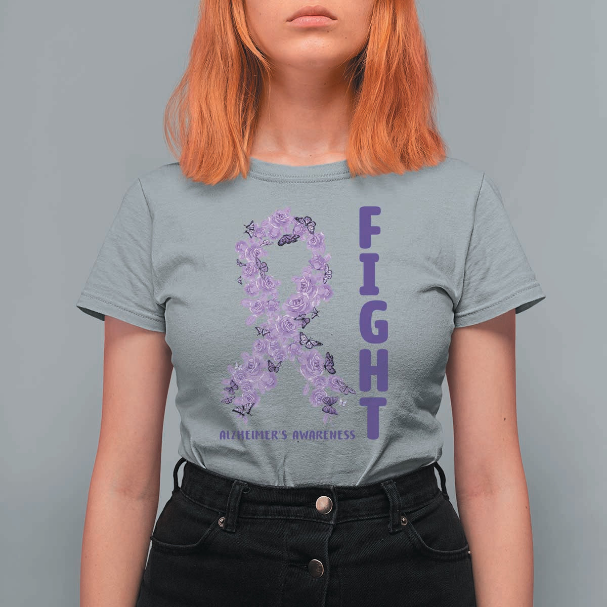 Fight Alzheimers Awareness Support T Shirt For Women Purple Ribbon Floral Butterfly