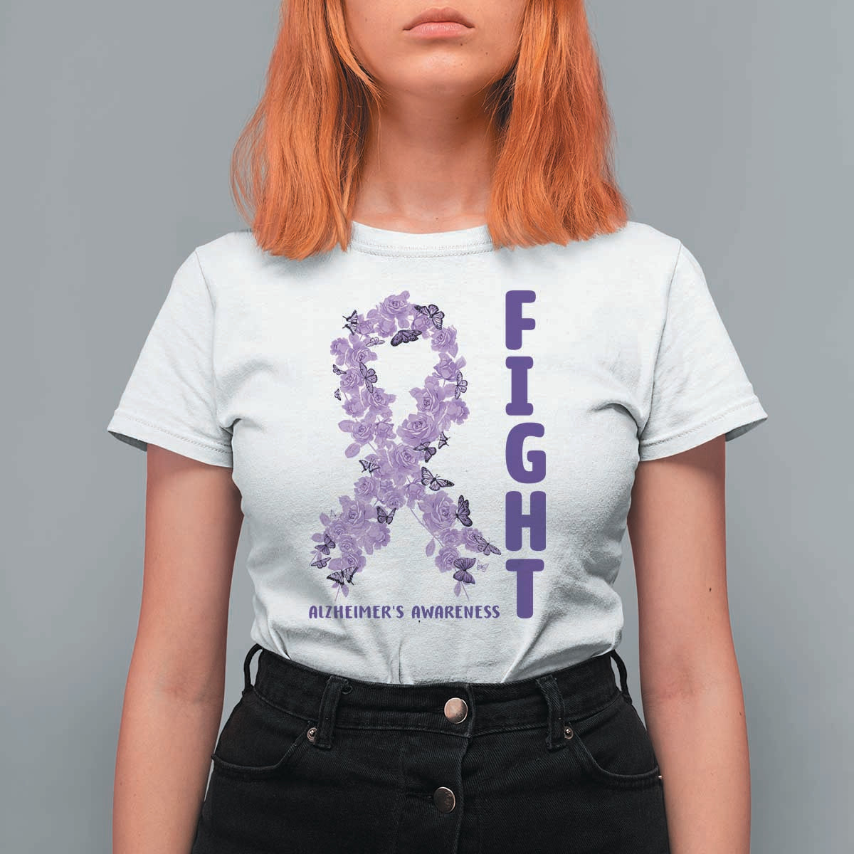 Fight Alzheimers Awareness Support T Shirt For Women Purple Ribbon Floral Butterfly