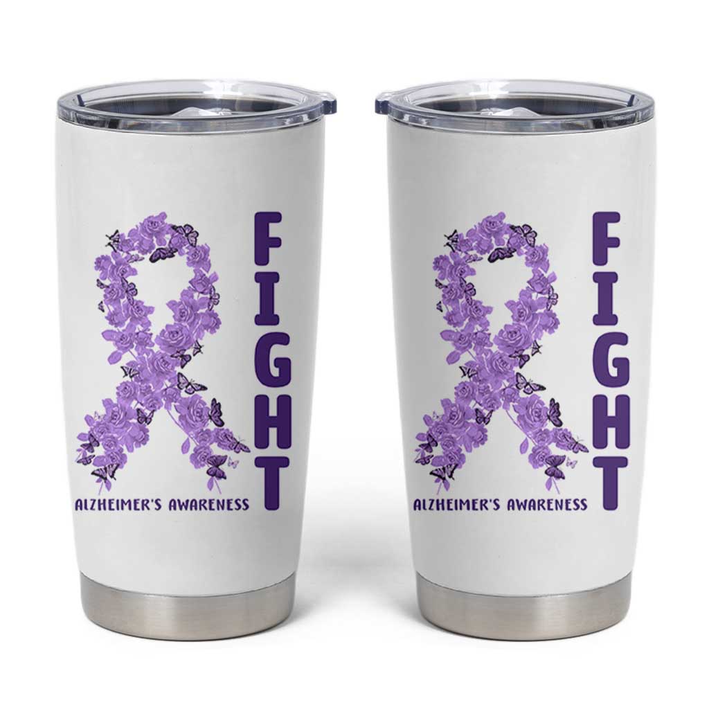 Fight Alzheimers Awareness Support Tumbler Cup Purple Ribbon Floral Butterfly