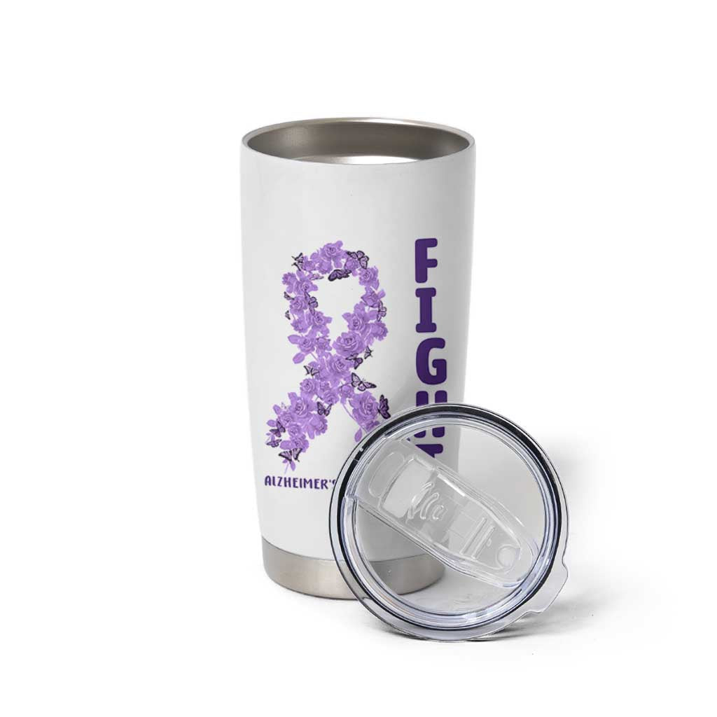 Fight Alzheimers Awareness Support Tumbler Cup Purple Ribbon Floral Butterfly
