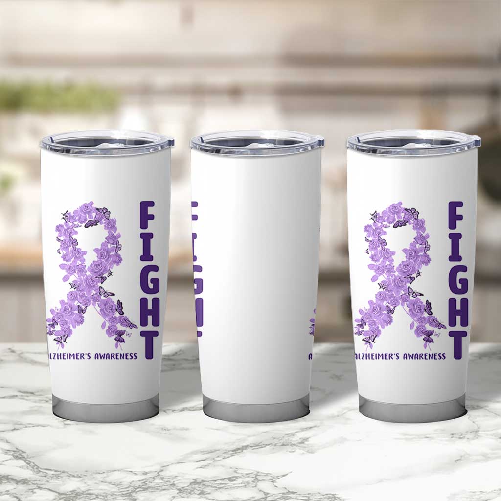 Fight Alzheimers Awareness Support Tumbler Cup Purple Ribbon Floral Butterfly