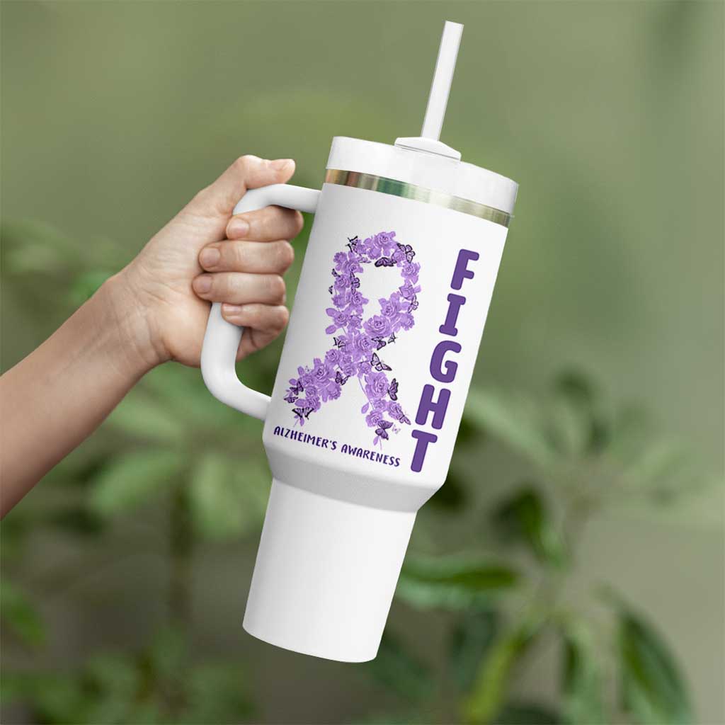 Fight Alzheimers Awareness Support Tumbler With Handle Purple Ribbon Floral Butterfly