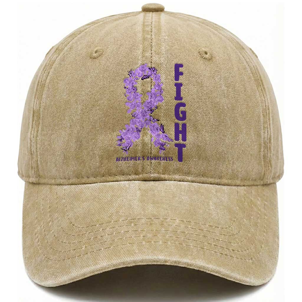 Fight Alzheimers Awareness Support Washed Cotton Baseball Cap Purple Ribbon Floral Butterfly