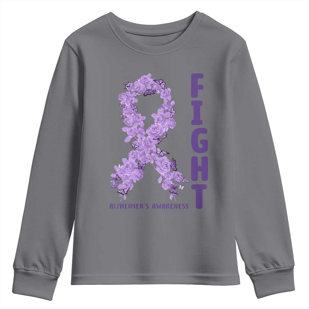 Fight Alzheimers Awareness Support Youth Sweatshirt Purple Ribbon Floral Butterfly