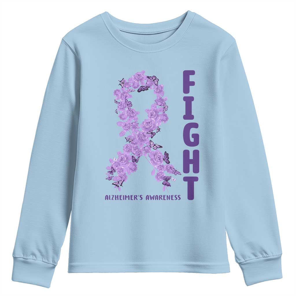 Fight Alzheimers Awareness Support Youth Sweatshirt Purple Ribbon Floral Butterfly