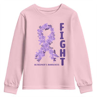 Fight Alzheimers Awareness Support Youth Sweatshirt Purple Ribbon Floral Butterfly