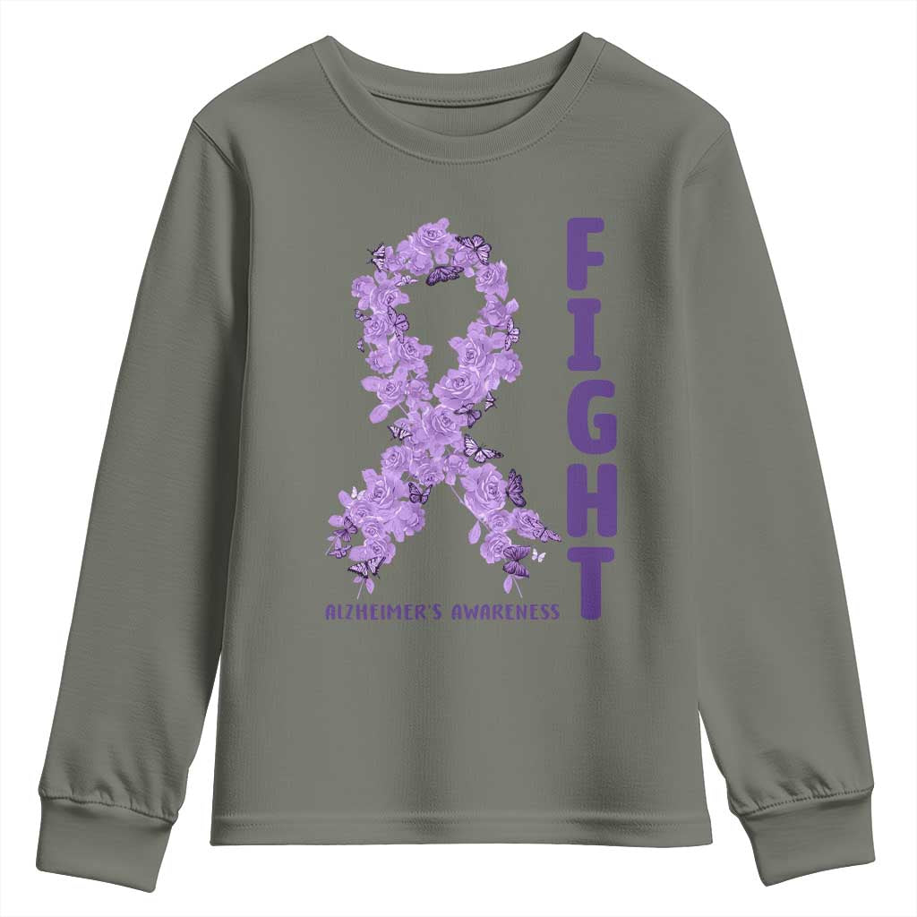 Fight Alzheimers Awareness Support Youth Sweatshirt Purple Ribbon Floral Butterfly