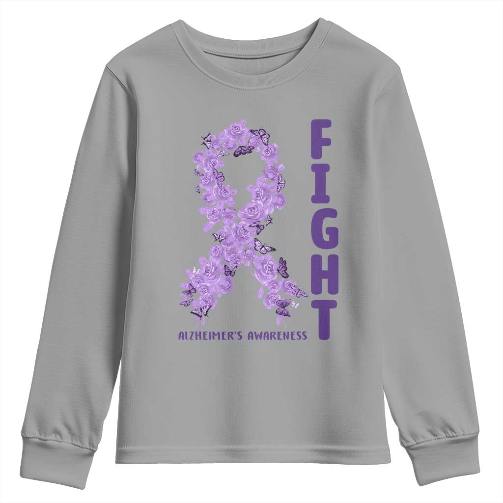 Fight Alzheimers Awareness Support Youth Sweatshirt Purple Ribbon Floral Butterfly