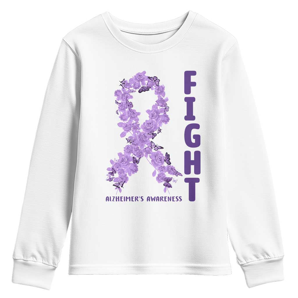 Fight Alzheimers Awareness Support Youth Sweatshirt Purple Ribbon Floral Butterfly