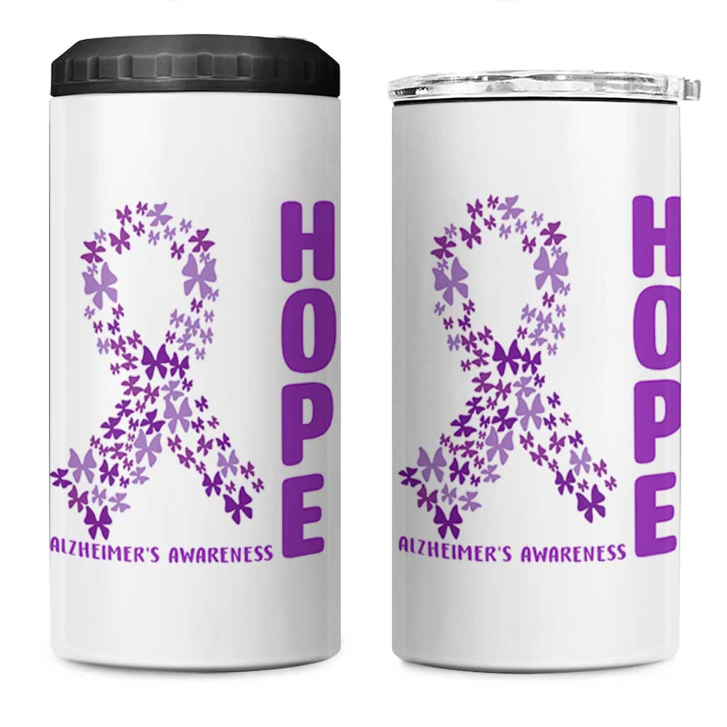 Hope Alzheimer's Awareness Purple Butterfly Ribbon Support 4 in 1 Can Cooler Tumbler