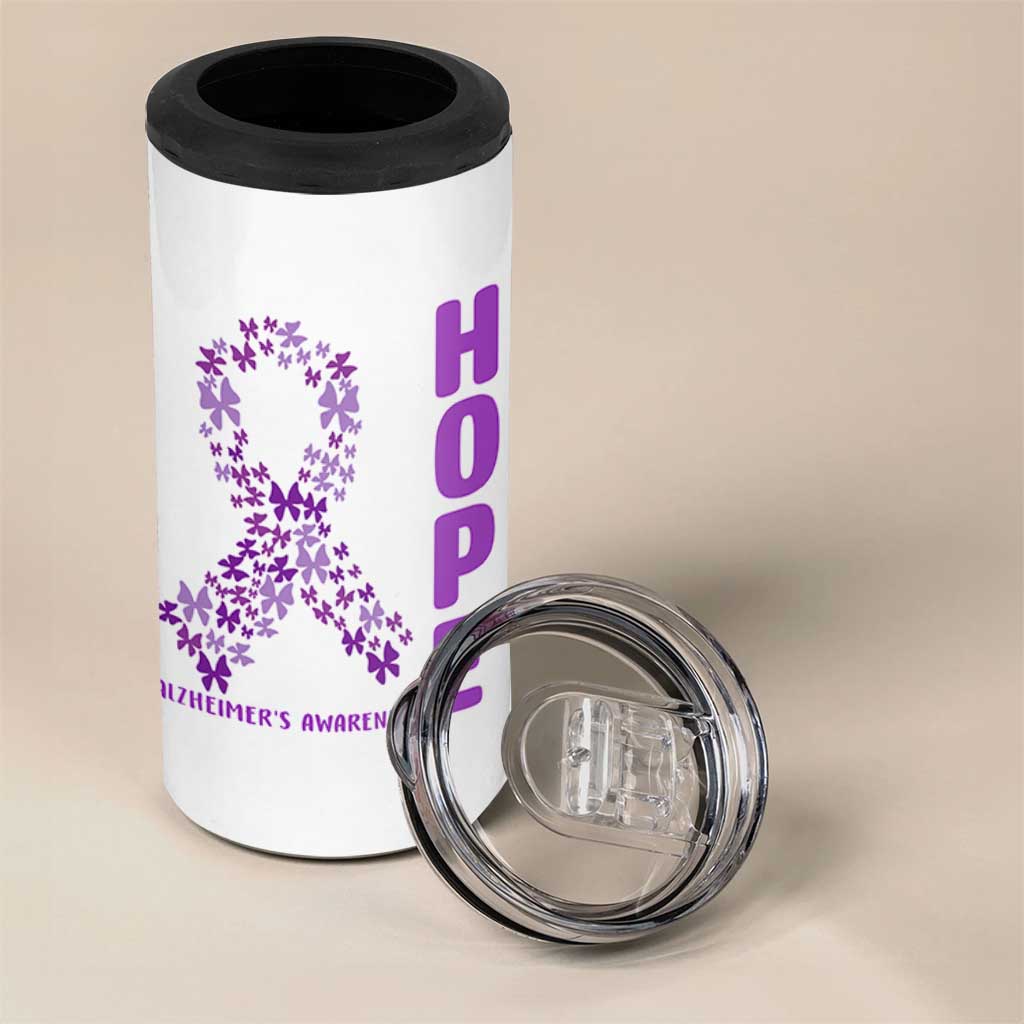 Hope Alzheimer's Awareness Purple Butterfly Ribbon Support 4 in 1 Can Cooler Tumbler