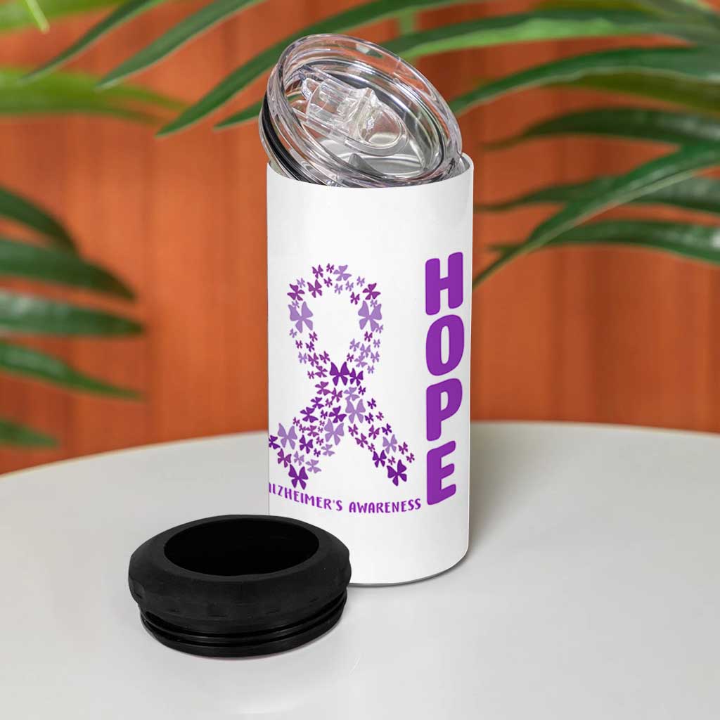 Hope Alzheimer's Awareness Purple Butterfly Ribbon Support 4 in 1 Can Cooler Tumbler