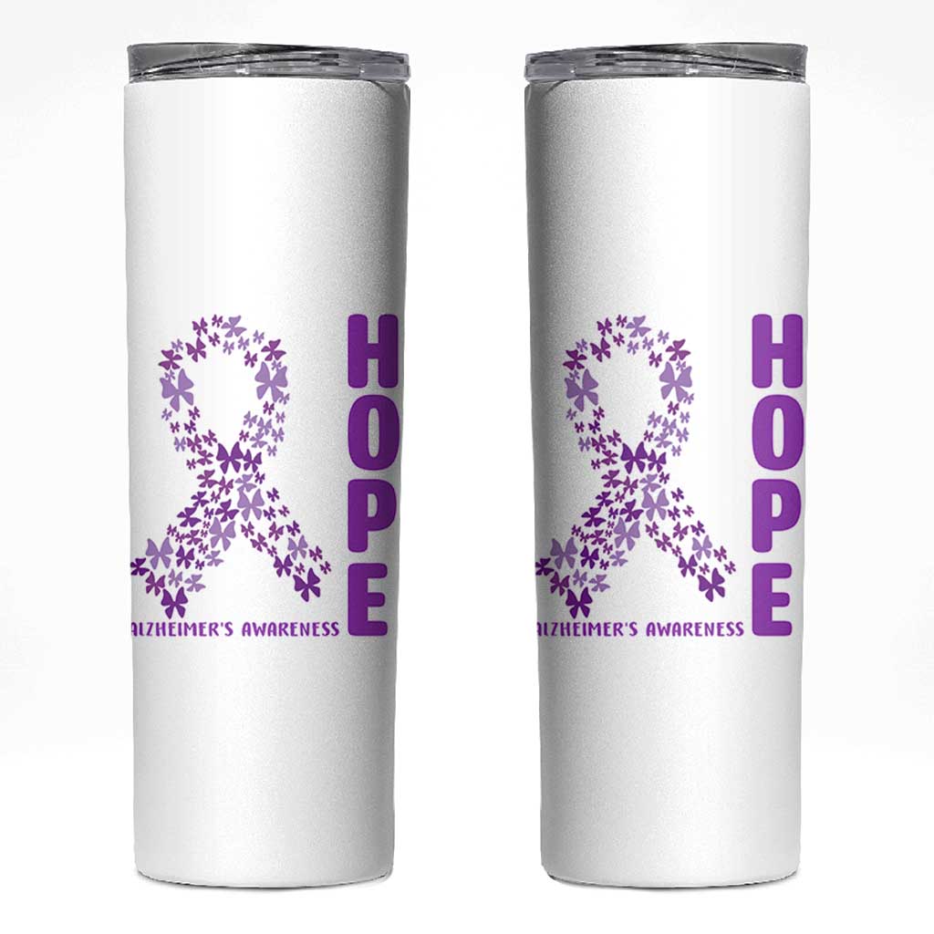 Hope Alzheimer's Awareness Purple Butterfly Ribbon Support Skinny Tumbler