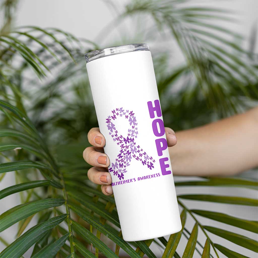 Hope Alzheimer's Awareness Purple Butterfly Ribbon Support Skinny Tumbler