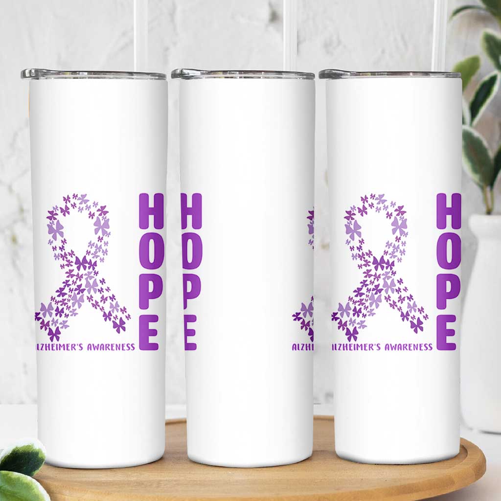 Hope Alzheimer's Awareness Purple Butterfly Ribbon Support Skinny Tumbler
