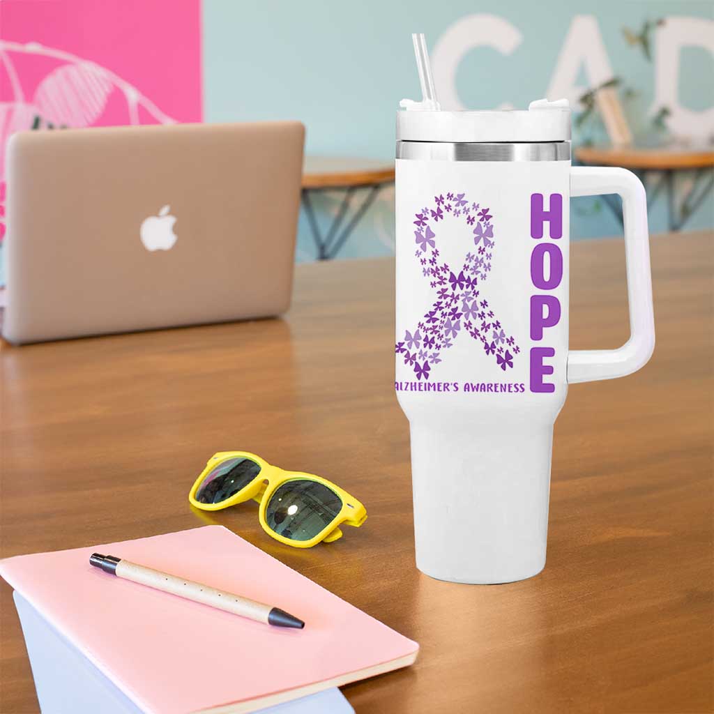 Hope Alzheimer's Awareness Purple Butterfly Ribbon Support Tumbler With Handle