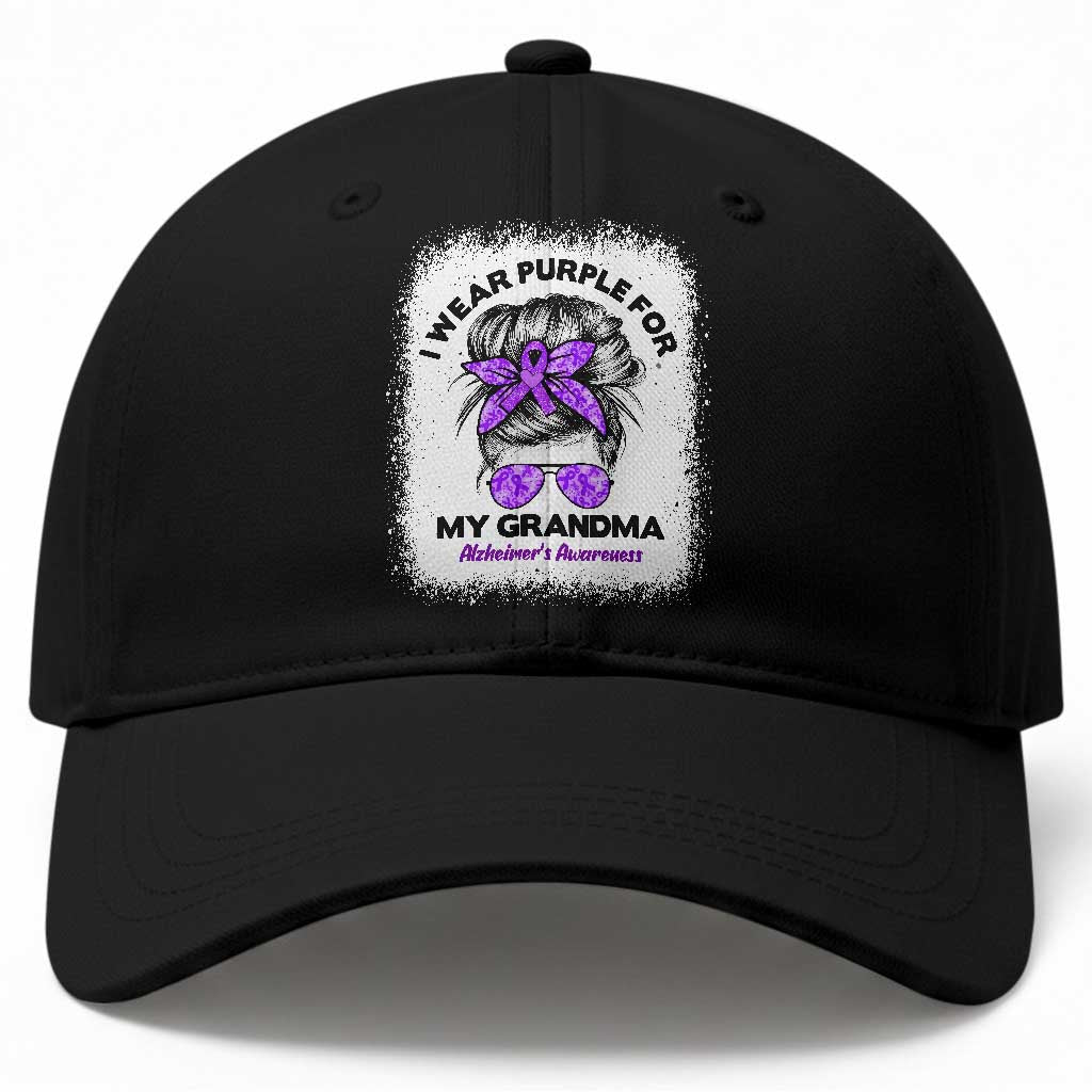 I Wear Purple For My Grandma Baseball Cap Alzheimers Awareness Messy Bun Graphic