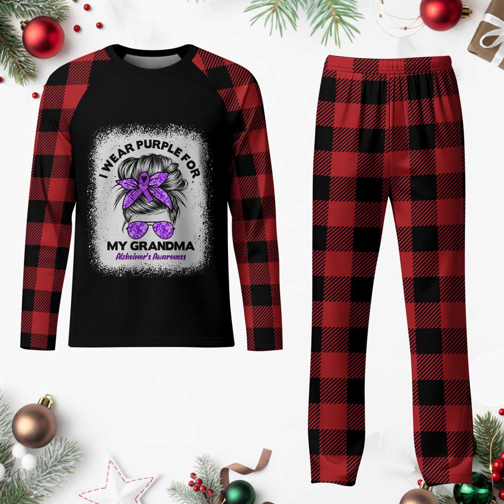 I Wear Purple For My Grandma Plaid Pajama Set Alzheimers Awareness Messy Bun Graphic